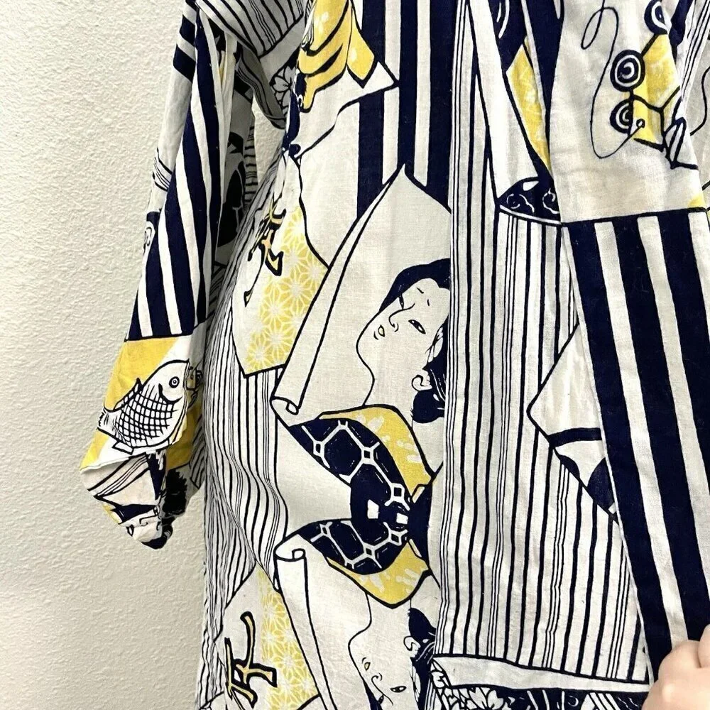 100% Linen Japanese Kimono Traditional Folk Unique Blue Yellow One Size